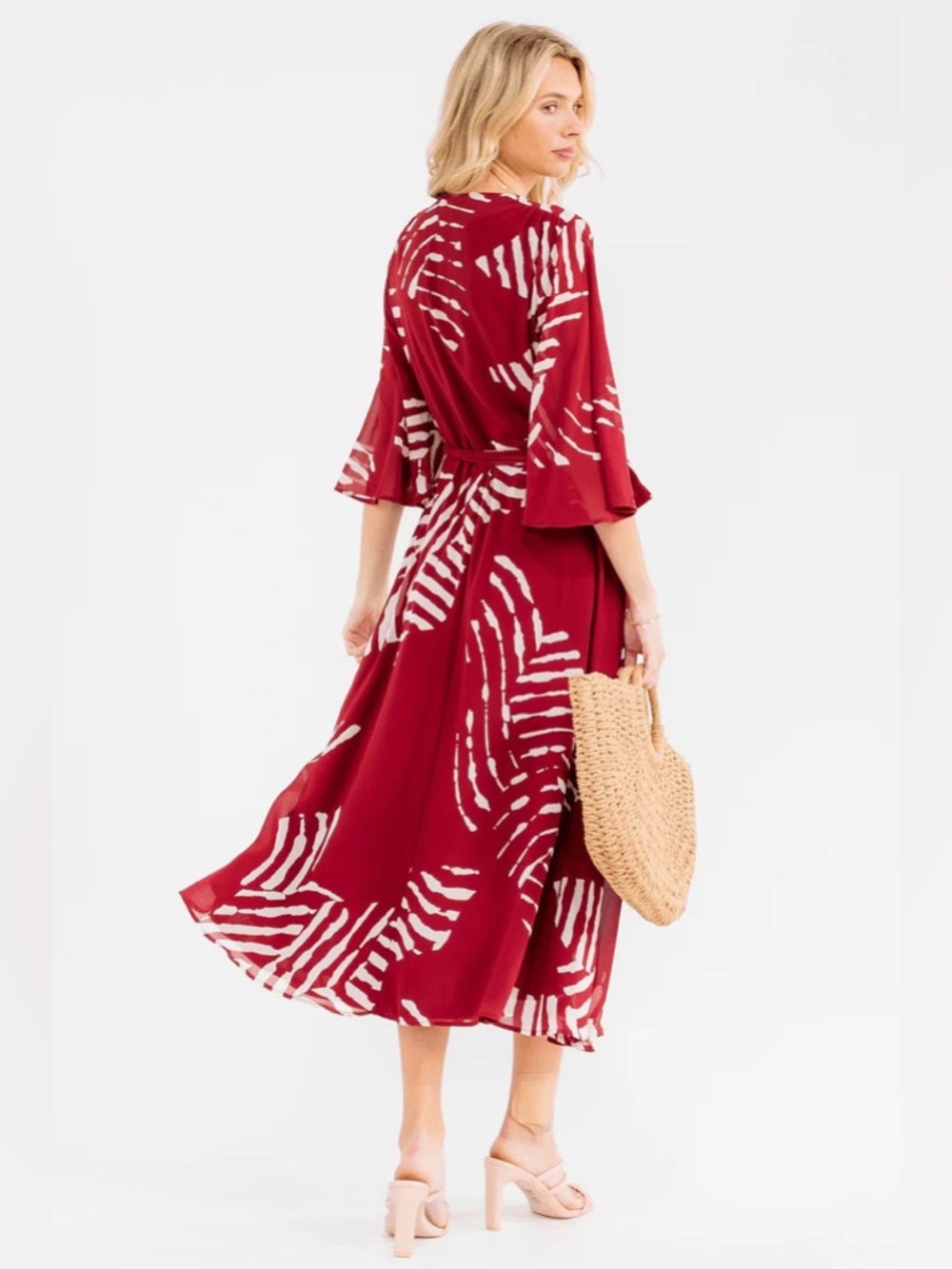 Red Abstract Print Wrap Midi Dress with Tie Waist and Flowy Sleeves - Picture 4 of 7